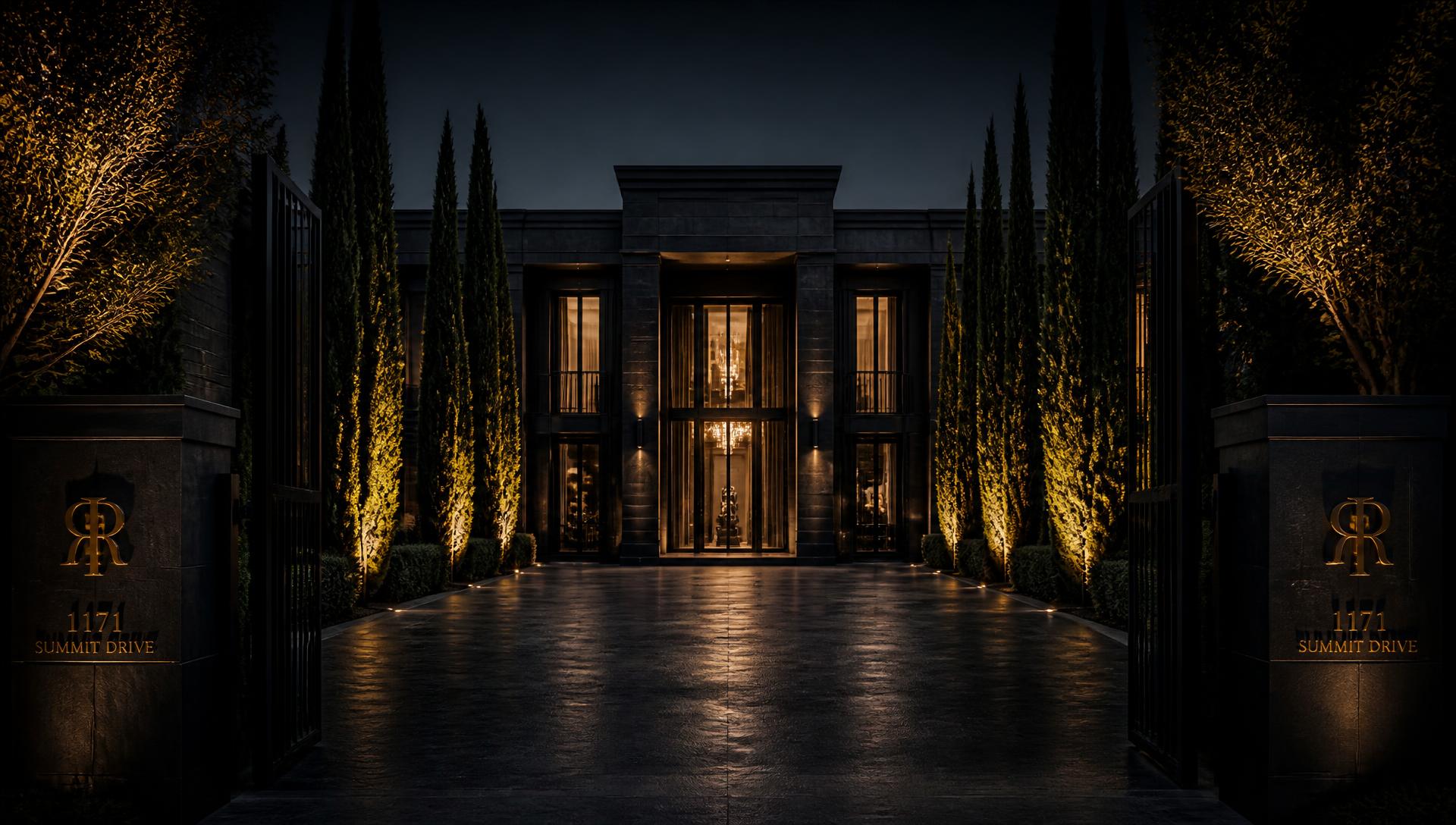 Gated Beverly Hills estate at night